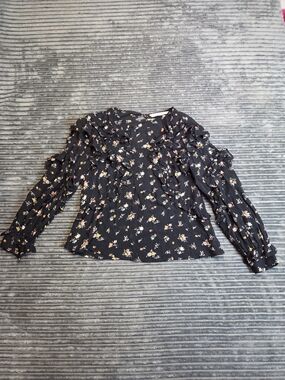 Zara Black Floral Ruffle Long-Sleeve Blouse